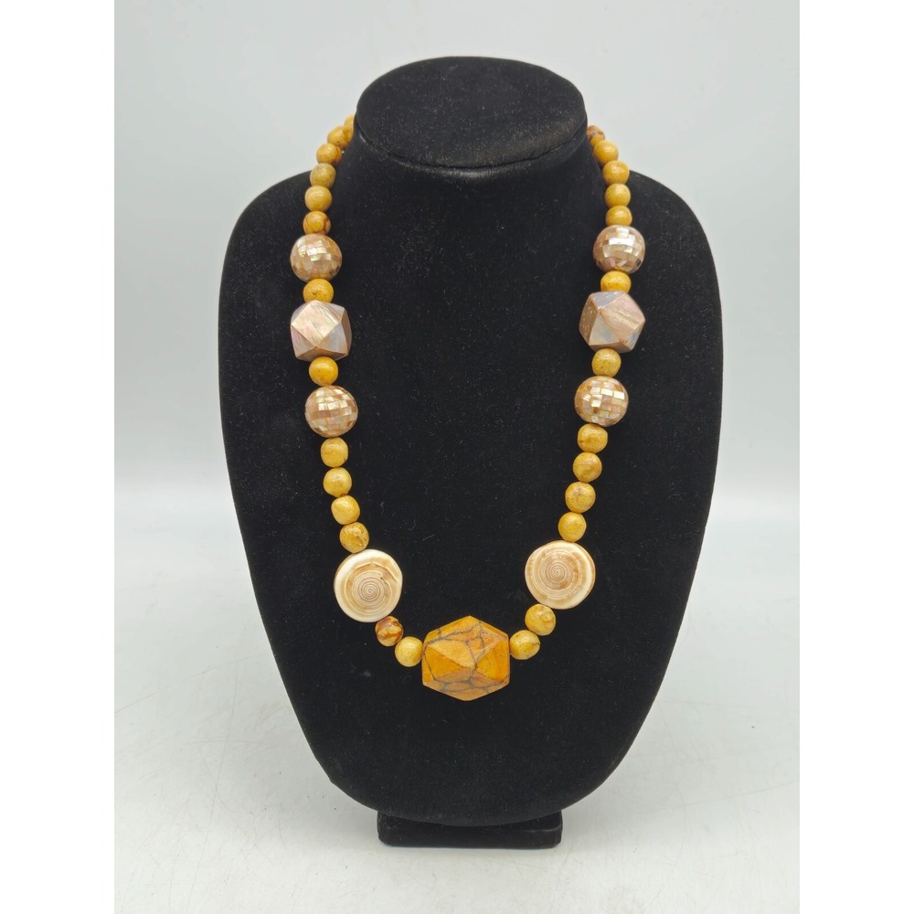 Vintage Statement Necklace Wood Mother of Pearl Abalone Bead Boho Tribal Chunky